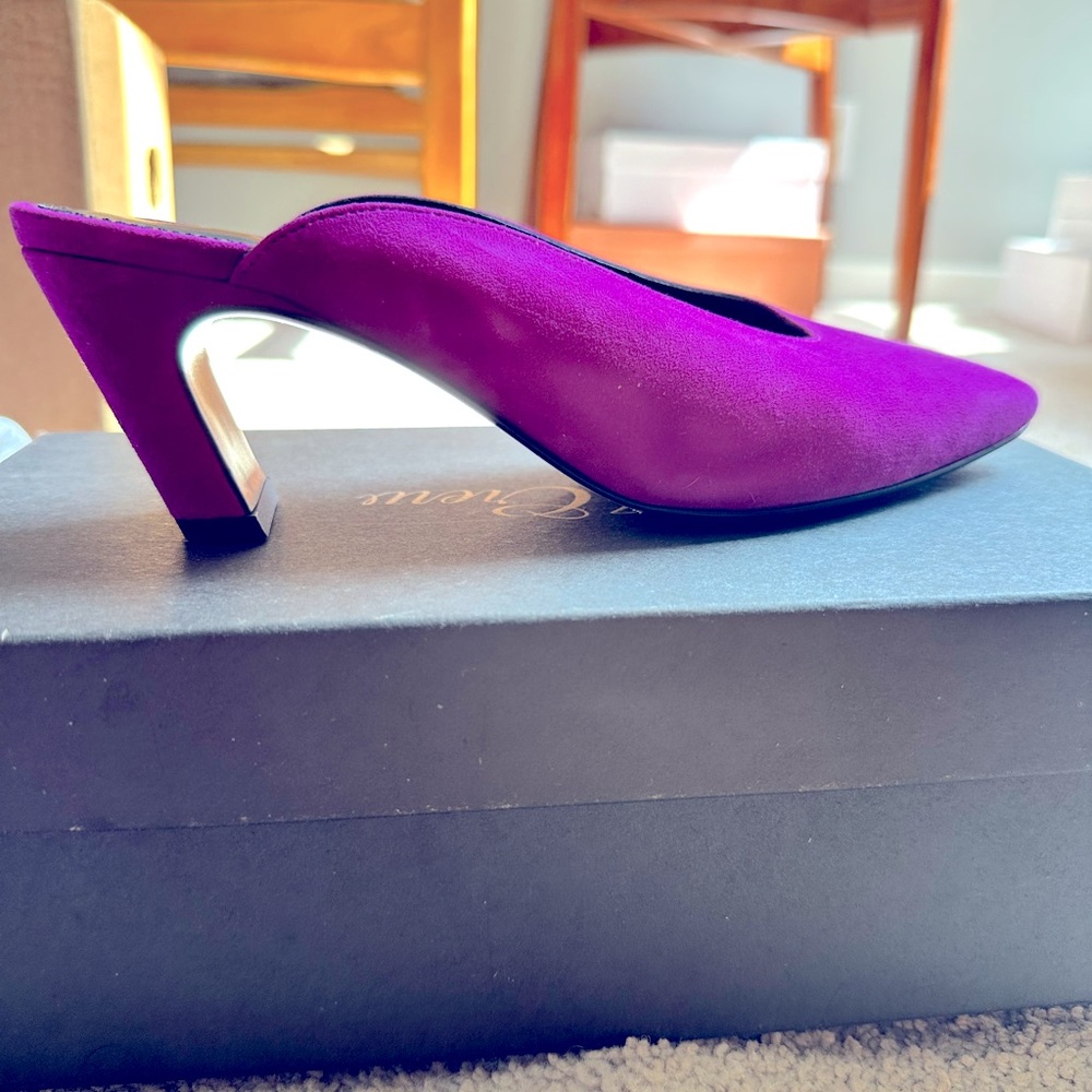 UTERQUE pink suede mules with removable fringe. Sz Low Talon Heels sz 37